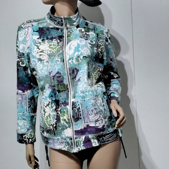 Additions by Chico's Funky Floral Abstract multi-color Zip Light Jacket Size 2 - Picture 10 of 16